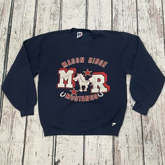 Vintage 1980s Mason Ridge Mustangs Blue Russell Athletic Sweatshirt - Picture 1 of 4